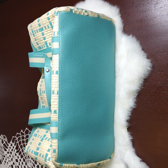 Vintage Tommy Hilfiger Straw & Cloth Handbag Turquoise Blue and Soft Tan - Picture 13 of 16